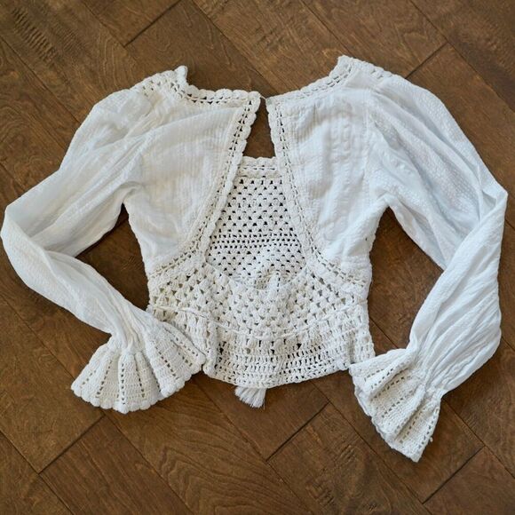 Free People Megan Crochet Open Back Long Sleeve Eyelet Crop Top Ivory Sz S Boho - Picture 4 of 14
